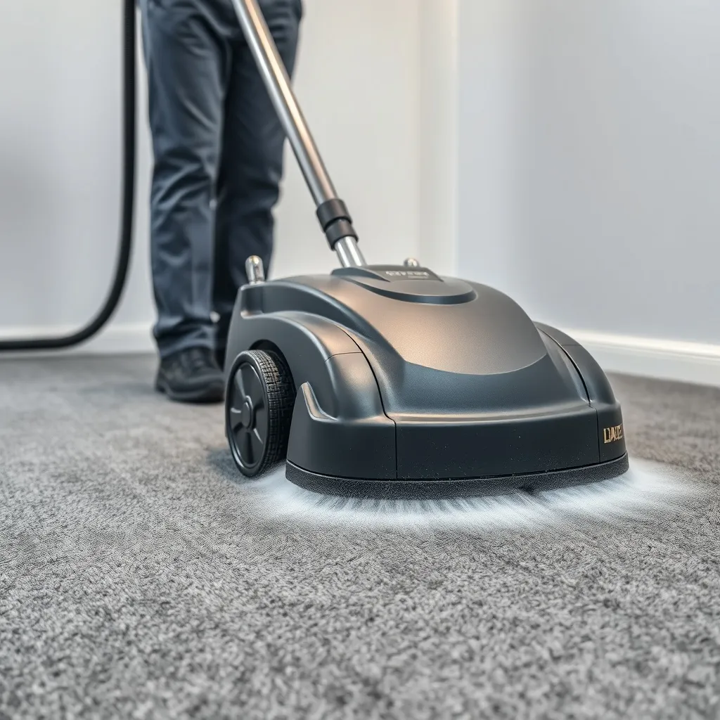 Professional industrial carpet cleaning machine in action on
